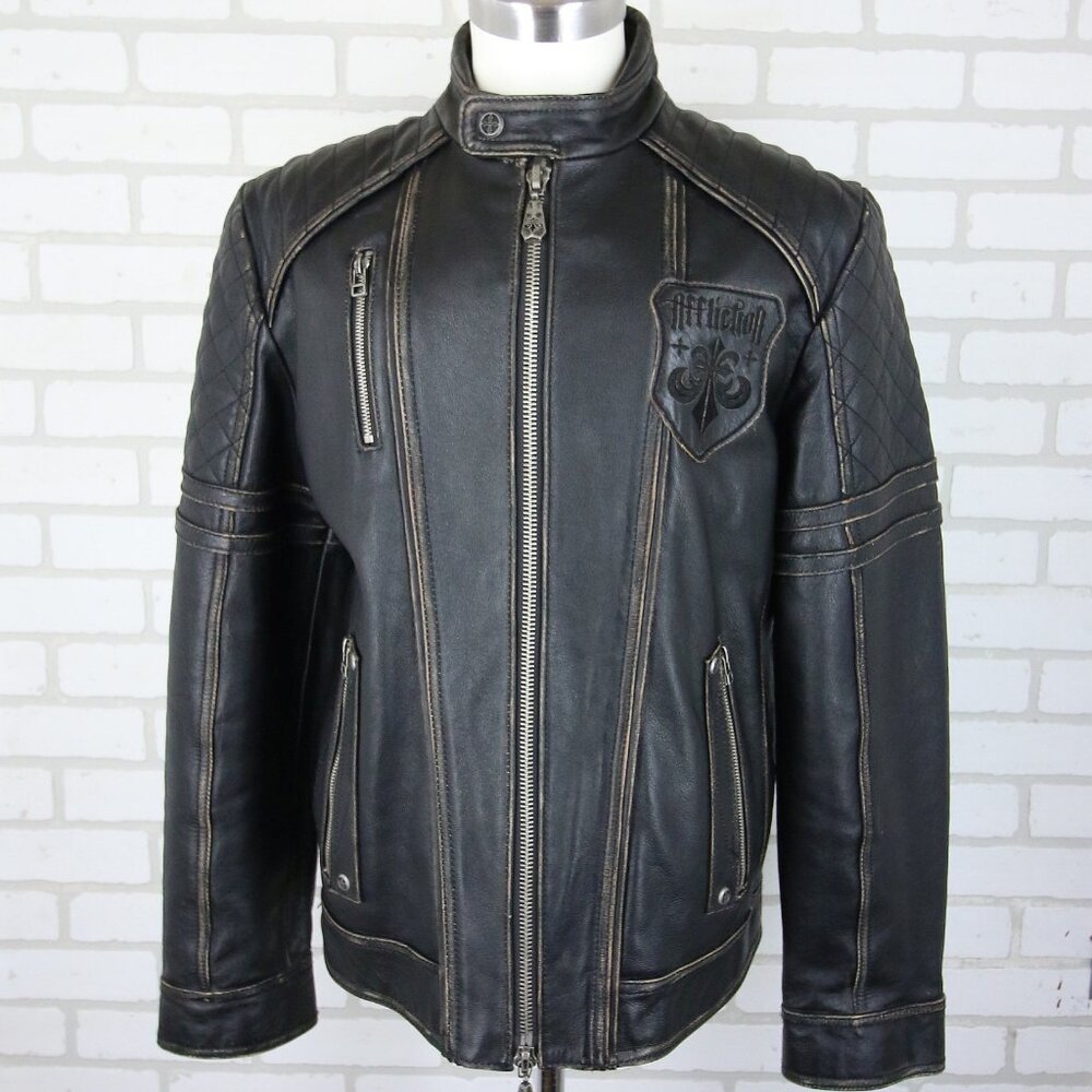 Affliction Black Premium Limited Leather Jacket Mens L fits Slim Cross Back Moto - Picture 2 of 16